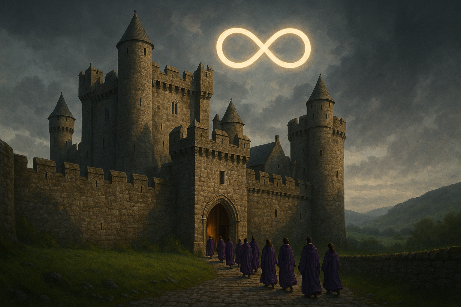 infinity symbol over an a large cobblestone Irish castle with students in purple robes entering into the castle doors
