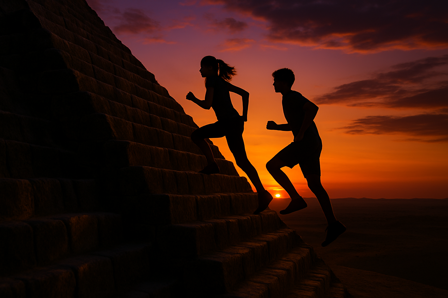 a girl and boy Teenager running up the side of a pyramid at dusk. make sure you can see them.
