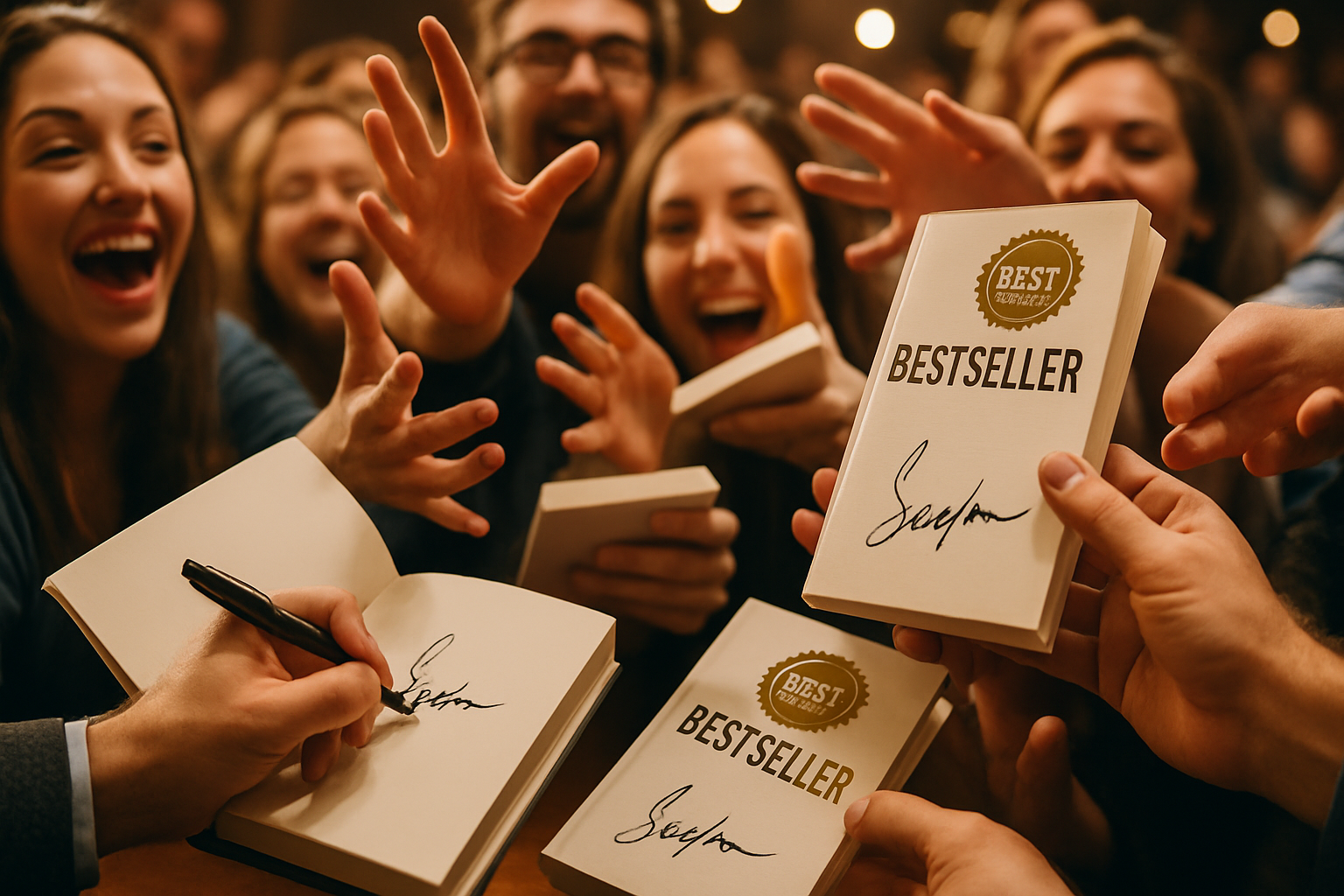 Best Seller Release with fans clamoring to grab a copy, close up of people grabbing for freshly signed books