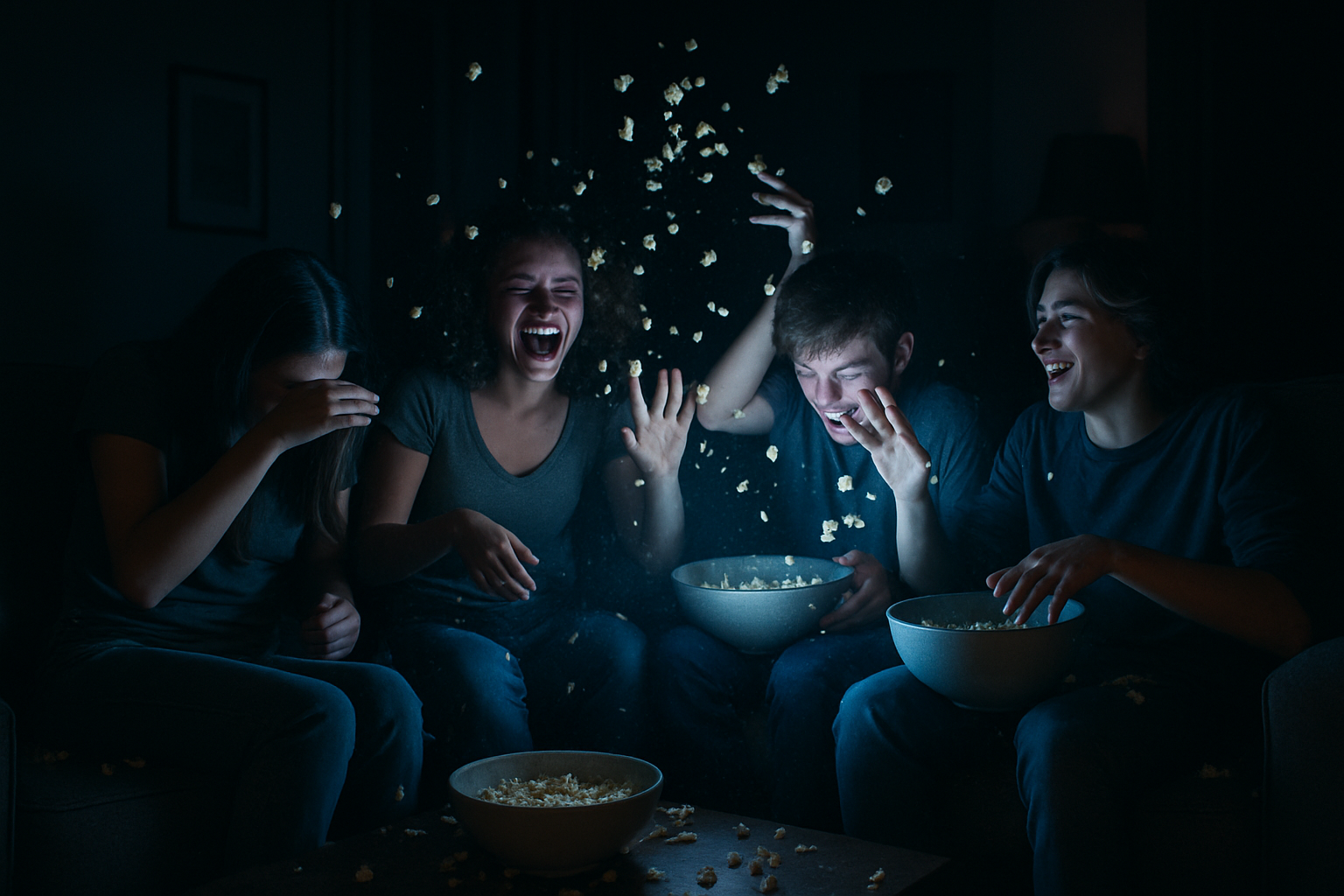bunch of teenagers sitting in dark room with faces illuminated by tv screen, throwing popcorn at each other