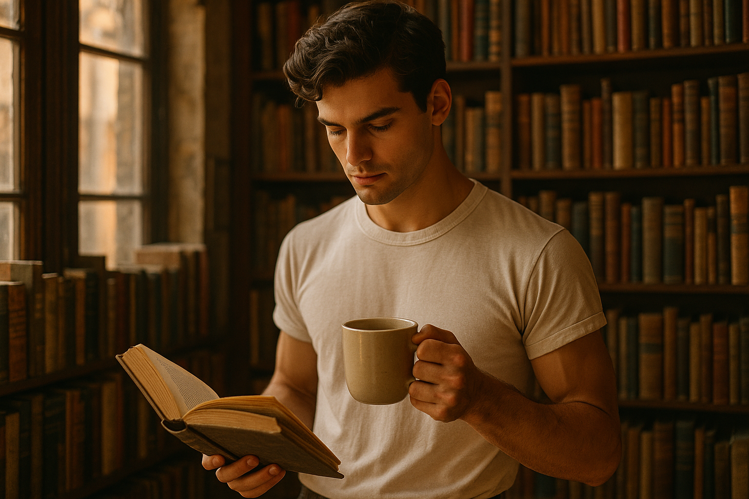 handsome young guy in a retro white t-shirt holding a coffee mug looking down at a book in a used bookstore